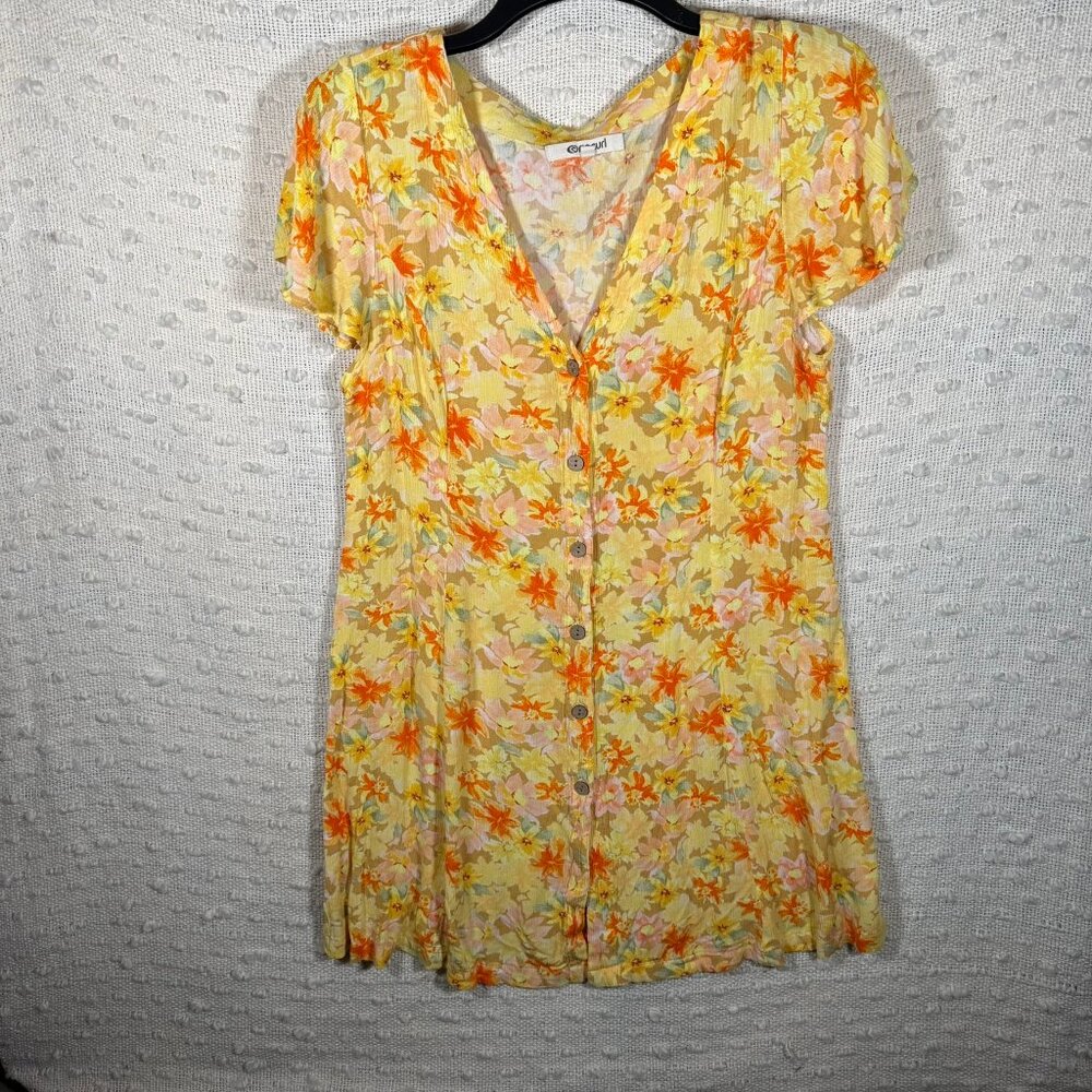 WOMENS XS RIPCURL MINI SUN DRESS SHORT SLEEVE V‎ NECK FLORAL YELLOW ORANGE FLOWY